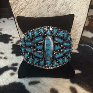 Statement Turquoise Mosaic Inlay & Silver Tone Western Boho Cuff Masterpiece